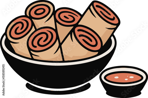 Lumpia Fusion: Delicious Asian-inspired spring rolls in a black bowl with dipping sauce; vibrant, appetizing illustration.