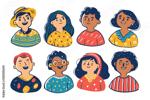Diverse Cartoon Portrait Collection: A lively array of hand-drawn cartoon portraits of diverse individuals. Emphasizing the beauty of inclusivity and the joy of representation in an artistic, joyful.