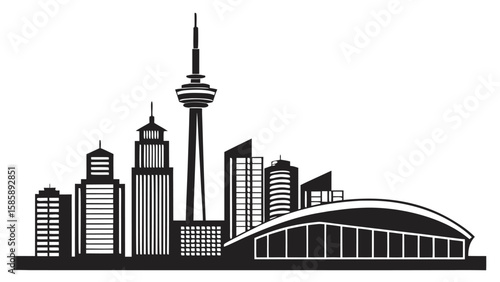 Modern Cityscape Silhouette Featuring Tall Buildings and a Dome Structure