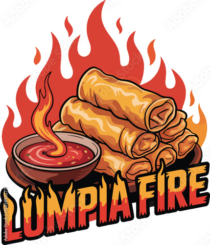 Spicy Lumpia Spring Rolls with Dipping Sauce:  Flaming Hot Cartoon Food Illustration