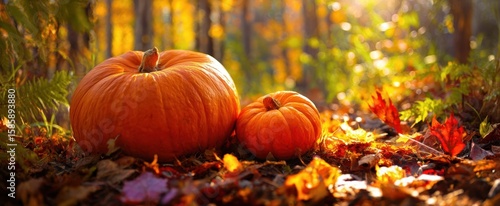 The beautiful pumpkins resting on a colorful autumn forest floor.