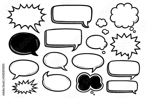 Hand Drawn Comic Speech Bubbles Set – Black and White Ink Sketch of Text Balloons, Thought Clouds, Dialogue Boxes, Shouting Bursts – Transparent PNG for Graphic Design and Comic Illustration