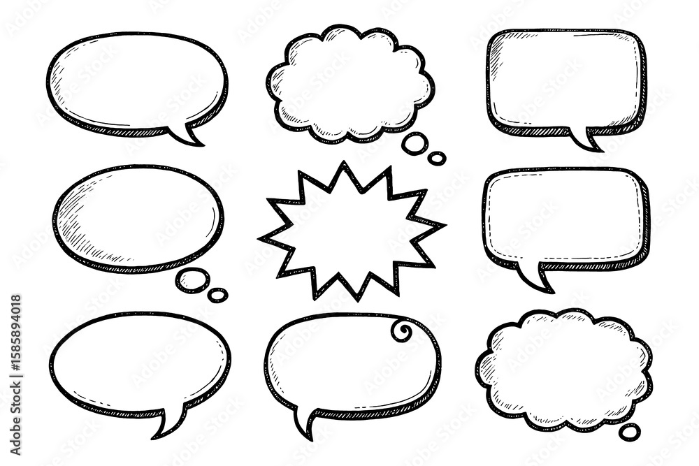 Fototapeta premium Hand-drawn Comic Speech Bubbles Collection with Various Shapes and Styles, Blank Sketch Cartoon Dialog Balloons, Doodle Elements Set for Graphic Novel, Comics Design, Transparent Background