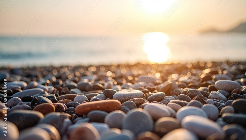 Obraz premium summer vacation beach tropical sunrise minimalist horizon. A serene beach scene featuring smooth pebbles in the foreground with a shimmering sunset reflecting on the water.