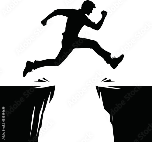 Silhouette of person jumping over gap isolated vector style on white background