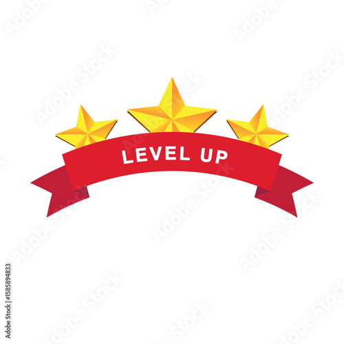 Vector illustration of a “Level Up” badge with three golden stars and a red ribbon. Ideal for gaming rewards, achievements, ranking systems, promotions, or motivational and success graphics.