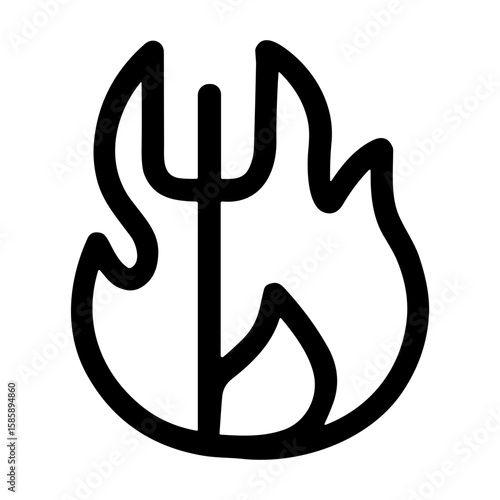 Black Outline Devil with Trident in Fire Icon Shape Illustration
