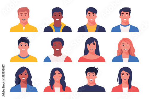 Diverse Faces of People: A vibrant illustration showcasing the diverse faces of people, each embodying unique expressions and backgrounds. A celebration of representation, identity, and human beauty.