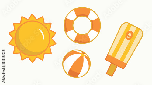 Bright summer day with sun beach ball lifesaver and popsicle