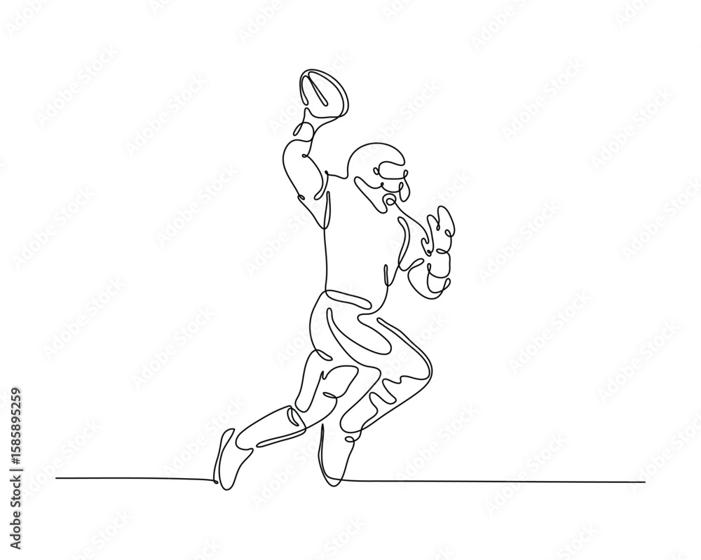 Fototapeta premium Minimalist one line art of football player jumping to throw the ball. Continuous line style, perfect for posters, prints, and sports vector illustrations.