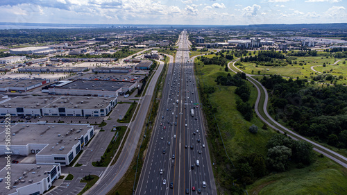 Aerial view of The Queen Elizabeth Way (QEW) in Oakville.