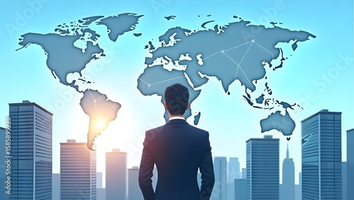 Global business team with world map and silhouettes representing international collaboration