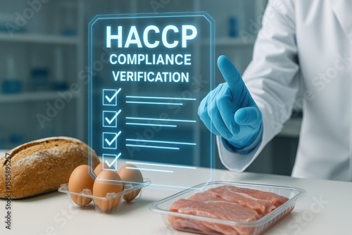 HACCP Compliance Verification Action Modern Food Lab Digital Checklist Futuristic Environment Quality Control System