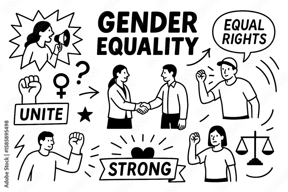 Gender equality concept with feminist icons, hand-drawn symbols, and inclusive empowerment doodles, Transparent Background Gender equality concept with feminist icons, hand-drawn symbols, and inclusive empowerment doodles, Transparent Background