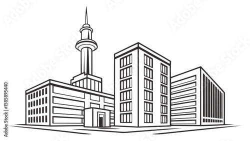 Modern Cityscape with Tall Buildings and Tower