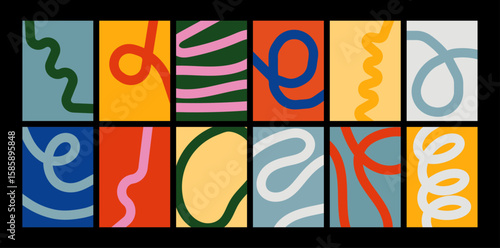 Bold abstract line art poster collection with vibrant backgrounds
