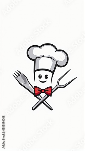 Whimsical chef cartoon character with a bow tie and crossed utensils exudes culinary charm and joy.