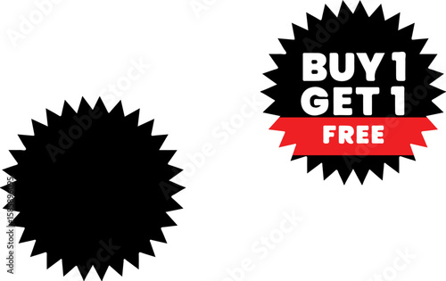 Two Black Starburst Shapes One with Buy One Get One Free Text in White and Red vector