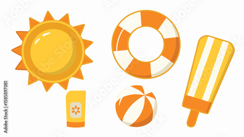 Bright summer beach elements featuring sun sunscreen ball lifesaver and popsicle