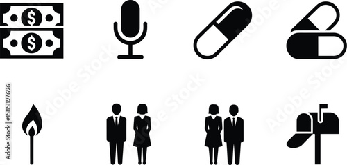 Collection of Simple Black Icons Money, Microphone, Pills