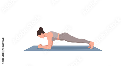 A woman with a bun hairstyle in grey sportswear performing a forearm plank exercise on a mat.