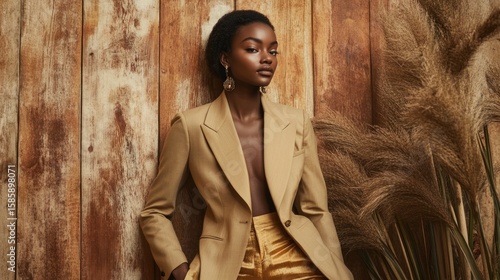 Woman fashion portrait wood background