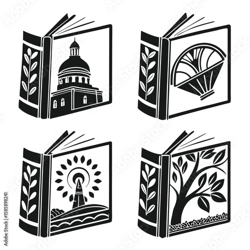 A set of vector house icons and architectural symbols representing buildings, travel, and city landmarks from Paris, London, and Italy