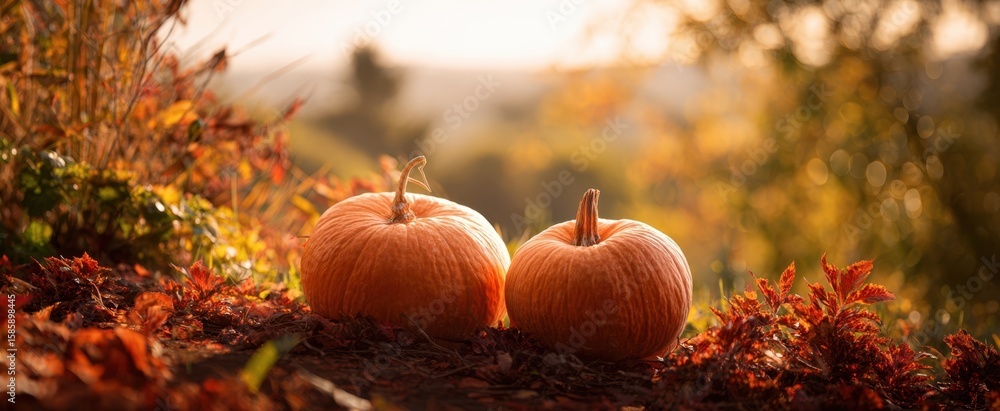 The pumpkins bask in autumn sunlight against a serene backdrop The pumpkins bask in autumn sunlight against a serene backdrop