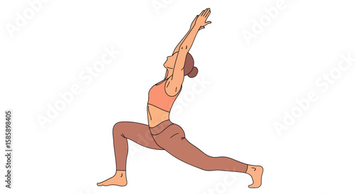 Minimalist illustration of a woman in a high lunge yoga pose with arms extended upwards.