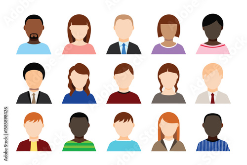 Diverse Representation: An inclusive representation of individuals, each uniquely rendered in a vibrant, flat style. These portraits encompass a variety of backgrounds.
