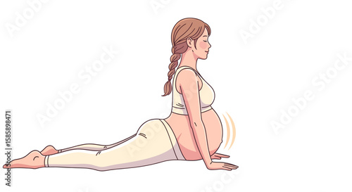 Serene pregnant woman with braided hair practicing a modified cobra yoga pose.