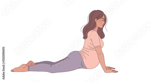 Serene pregnant woman with brown hair practicing a gentle backbend yoga pose.