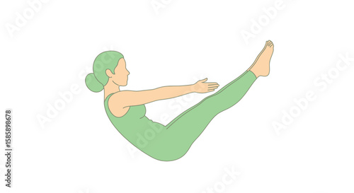 Woman in a green bodysuit practicing the Navasana yoga boat pose, balancing in a V-shape.