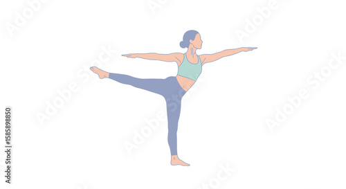 Woman in Natarajasana Yoga Pose, Line Art Illustration, Teal and Purple Activewear