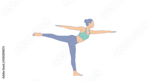 Woman in Natarajasana Yoga Pose, Line Art Illustration, Teal Top, Blue Leggings