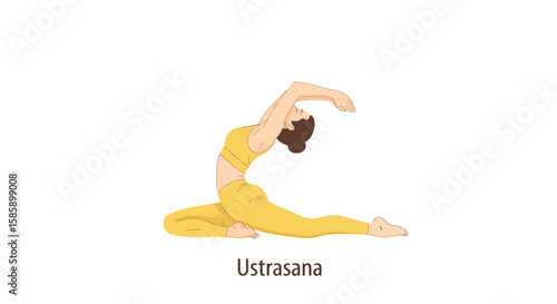 Woman in yellow sportswear performing the Ustrasana yoga pose, a deep backbend.