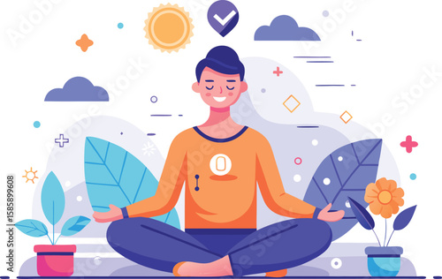 Person meditating in lotus pose surrounded by nature and symbols of well being