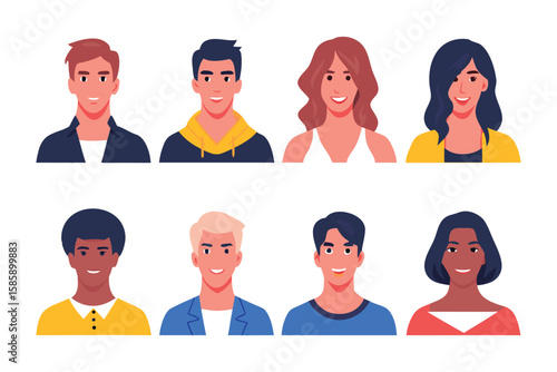 Diverse Portraits: A collection of eight stylized portraits, showcasing a range of individuals with various hair colors, skin tones, and expressions.