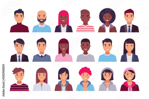 Diverse People Avatar: A set of flat vector portrait icons displaying diverse range of men and women, each with unique hairstyles, skin tones, and expressions, set against a clean backdrop.