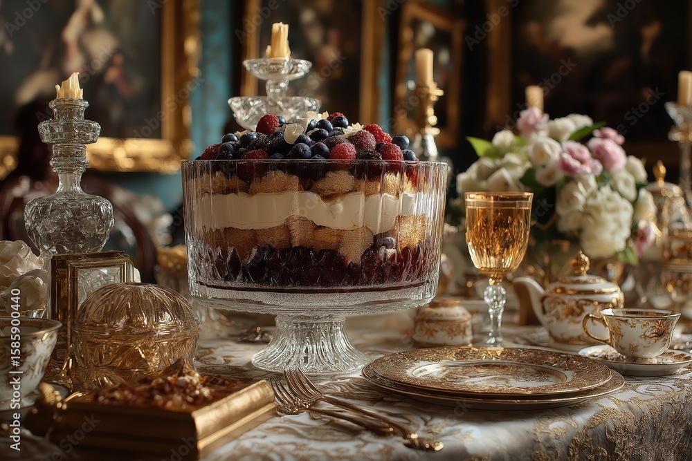 Naklejka premium Grand layered trifle glows in opulent Georgian manor with silver and velvet