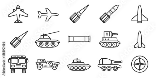 Military vehicles aircraft missiles compass icons airplane rocket