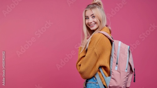 A young girl in a yellow sweater and denim vest with a pink backpack stands against a pink background.