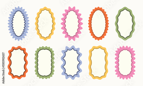Corrugated wavy frame border frames. Silhouette oval mirror frame. Fun cute retro text boxes. Wiggly squiggly curvy wavy scalloped edge cute stamps. Zigzag stamp text frame collection.