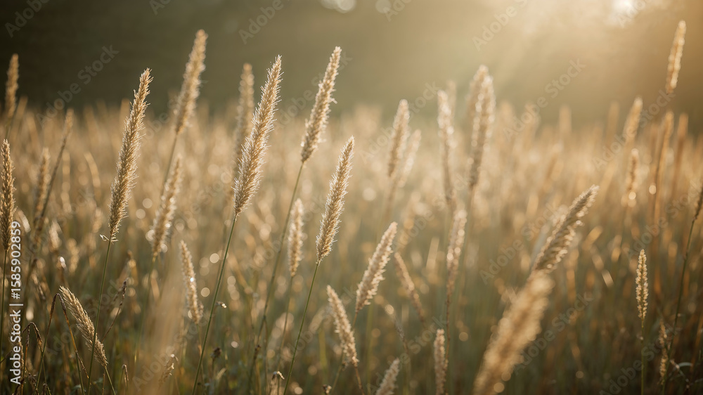 Obraz premium Golden hour sunlight illuminating tall grass in a meadow