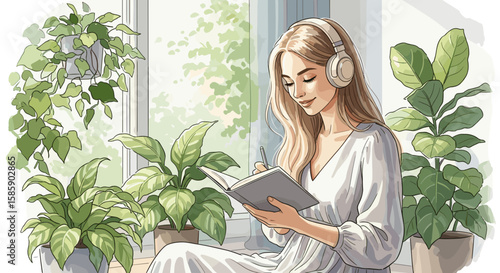 Young woman listening to music and writing in notebook indoors  