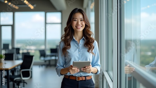 Confident Professional: A poised Asian woman, radiating confidence, stands near a grand window overlooking a modern cityscape, exuding an aura of ambition and drive.