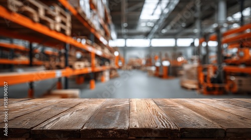 Wallpaper Mural Wooden Table in Large Industrial Warehouse with Shelves and Storage Racks Torontodigital.ca