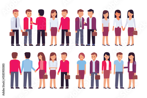 Business Colleagues' Ensemble: A meticulously crafted flat vector illustration that depicts a group of professional figures in various poses of collaboration and partnership.