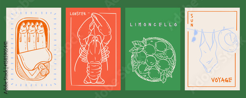 Hand drawn vintage seafood and summer posters with sardines, lobster, lemons, swimwear. Mediterranean coastal illustration in chalk line texture for kitchen wall art, packaging, menus.