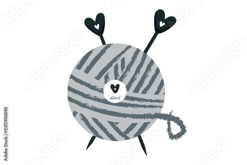 Vector illustration of ball of yarn and skein with knitting needles and hooks. Hand drawn style, cozy craft theme. Includes woolen threads, Knitting, needlework and hobby concept. Soft colors, minimal